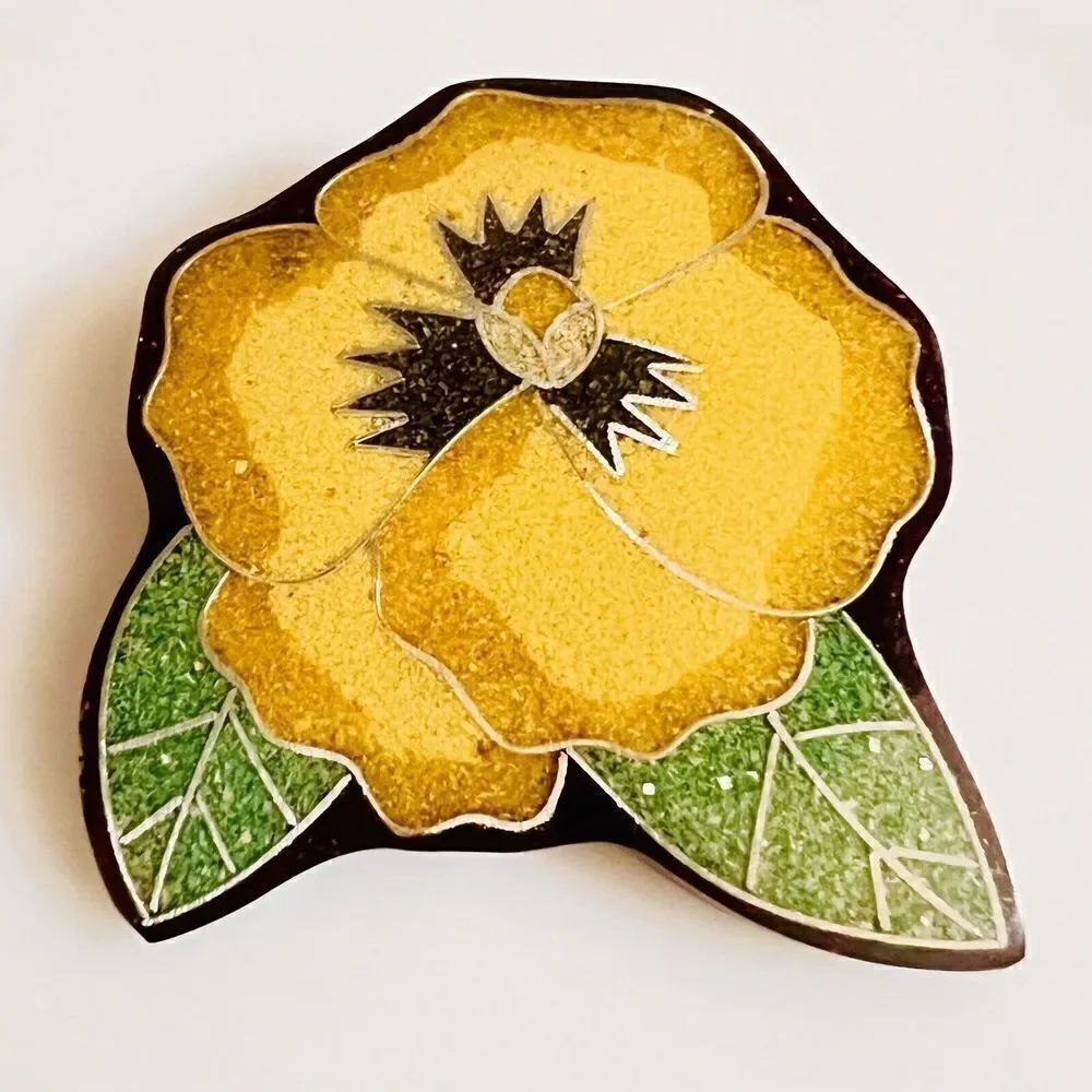 Vintage Pansy Inlay Brooch Yellow Green Silver Flower Floral Huge 2.75 4672